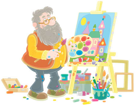 Bearded elderly artist painting a beautiful picture with colorful houses of a pretty town on a canvas and an easel in his studio, vector cartoon illustration on a white backgroundのイラスト素材