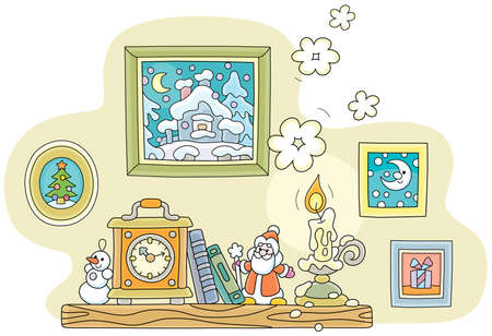 Wooden mantelpiece with an old clock, books, winter pictures and a burning wax candle, vector cartoon illustration isolated on a white backgroundのイラスト素材