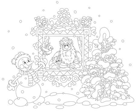 Santa Claus and his little kitten looking out of a decorated wood window and watching a funny snowman playing with a small bird, black and white vector cartoon for a coloring bookのイラスト素材