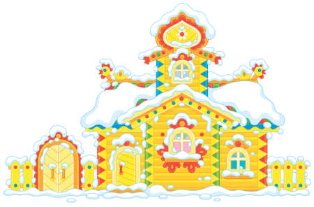Traditional country wooden house with carved decorations covered with snow on Christmas, vector cartoon illustration isolated on a white backgroundのイラスト素材