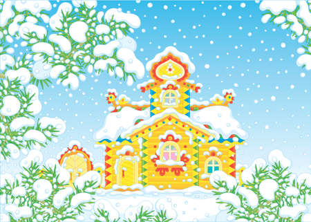 Traditional country wooden house with colorful carved decorations on a snowy winter day, vector cartoon illustrationのイラスト素材