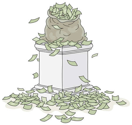 Large money bag on a triumphal pedestal among a pile of banknotes, vector cartoon illustration isolated on a white backgroundのイラスト素材