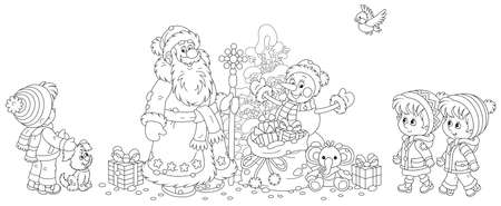 Santa Claus and a funny toy snowman with a snowy Christmas fir tree and a magic bag of holiday gifts for little children, black and white outline vector cartoon illustration for a coloring bookのイラスト素材