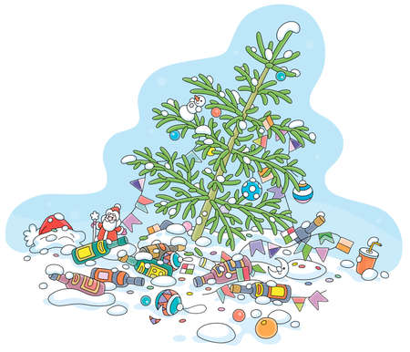 Green Christmas tree decorated with toys, balls and garlands among empty wine bottles on snow after merry winter holidays, vector cartoon illustration isolated on whiteのイラスト素材