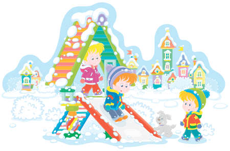 Merry little children playing on a colorful toy slide on a snow-covered playground in a winter park of a pretty small town on a beautiful snowy day, vector cartoon illustration isolated on whiteのイラスト素材