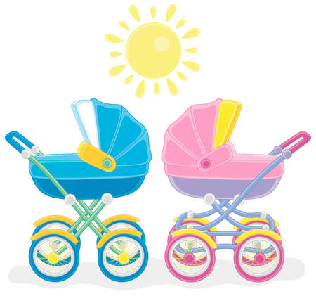 Newborn twins sleeping in their colorful baby carriages on a walk on a sunny day, vector cartoon illustration isolated on a white backgroundのイラスト素材