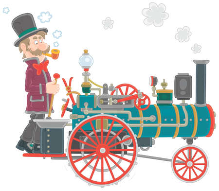 Vintage steam car with a funny smoking driver in a retro top hat, vector cartoon illustration isolated on a white backgroundのイラスト素材