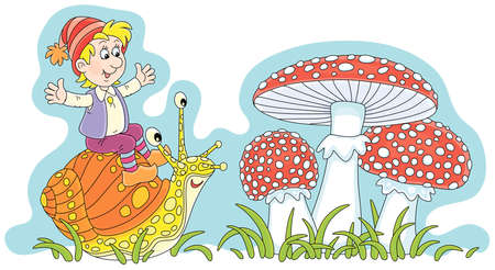 Merry little boy riding on a funny garden snail and big red fly agarics among green grass on a forest glade, vector cartoon illustration isolated on a white backgroundのイラスト素材