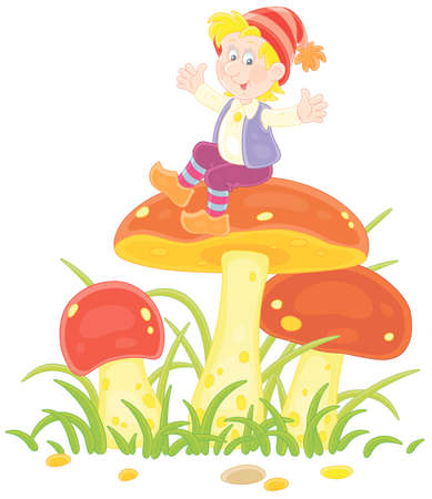 Merry little gnome sitting on a big mushroom and waving his hands in greeting among green grass on a summer forest glade, vector cartoon illustration isolated on a white backgroundのイラスト素材