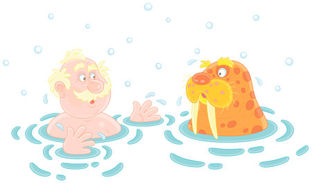 Funny sportsman winter-swimmer together with a big mustached walrus in cold water of an ice-hole, vector cartoon illustration isolated on a white backgroundのイラスト素材