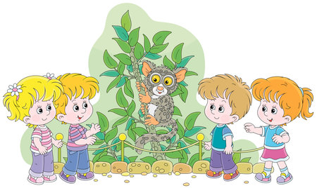 Happy little kids walking at a zoological garden and watching a funny exotic Philippine tarsier which sitting on a small tropical tree in an open-air cage, vector cartoon isolated on whiteのイラスト素材