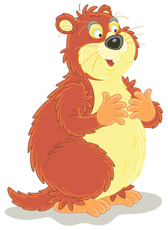 Funny fat groundhog with chubby cheeks standing on hind legs, vector cartoon illustration isolated on a white backgroundのイラスト素材