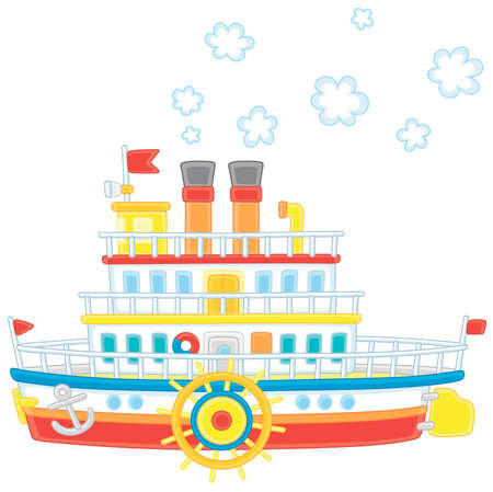 Funny retro paddle passenger steamboat with large wheels attached to its sides, vector cartoon illustration isolated on a white backgroundのイラスト素材