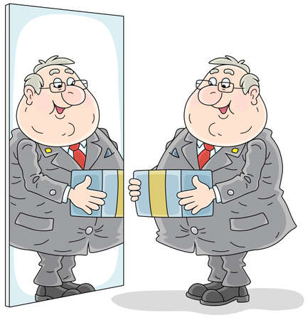 Happy fat businessman standing in front of a mirror with a gift box for himself, vector cartoon illustration on a white backgroundのイラスト素材