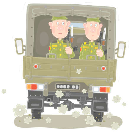 Young soldiers in khaki uniform with machine guns riding in a military lorry with a tent, vector cartoon illustration isolated on whiteのイラスト素材