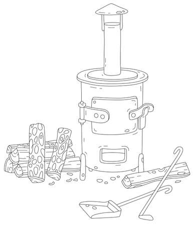 Small old iron stove with a chimney and chopped billets for a village house or a greenhouse, black and white outline vector cartoon illustration for a coloring book pageのイラスト素材