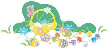 Wicker basket, colorful paints with a brush and traditional gift eggs decorated for Easter on a spring lawn with flowers, vector cartoon illustration on a white backgroundのイラスト素材