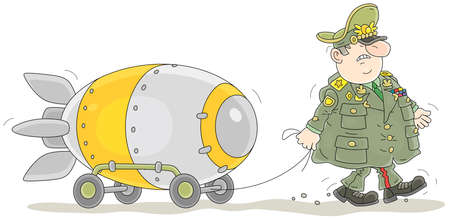 Fat, angry and belligerent general in army uniform marching with a big bomb in a parade, vector cartoon illustration on a white backgroundのイラスト素材