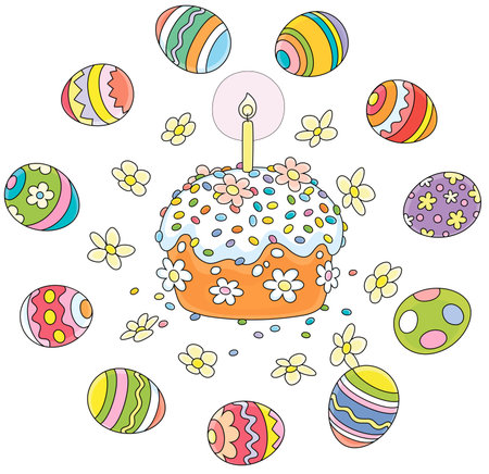 Fancy sweet holiday cake with sugar icing, a small burning candle and colorfully decorated Easter...