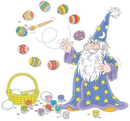 Old wizard with a big white beard coloring and decorating Easter gift eggs with a magic flying paintbrush and bright paints, vector cartoon illustration isolated on a white backgroundのイラスト素材