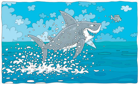 Funny great white shark and a small striped fish in splashes jumping out of water in a tropical sea, vector cartoon illustrationのイラスト素材