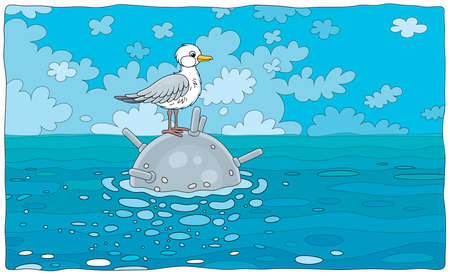 Curious seagull on an old unexploded naval mine in a sea, vector cartoon illustrationのイラスト素材