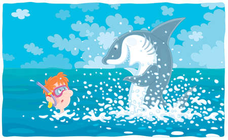Dangerous adventure of a funny intrepid diver with a mask and a snorkel swimming in a tropical sea near a curious great white shark, vector cartoon illustrationのイラスト素材
