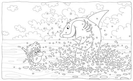 Dangerous adventure of a funny intrepid diver with a mask and a snorkel swimming in a tropical sea near a curious great white shark, black and white outline vector cartoon for a coloring book pageのイラスト素材
