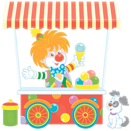Colorful street ice-cream cart with a merry circus clown vendor and a cute little pup, vector cartoon illustration isolated on a white backgroundのイラスト素材