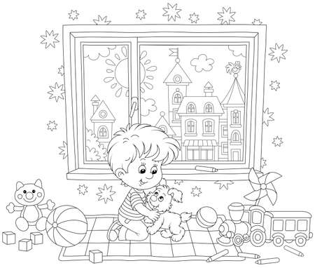 Happy little boy romping and playing with his merry puppy among toys in a nursery room with a pretty small town outside a window, black and white outline vector cartoon illustrationのイラスト素材
