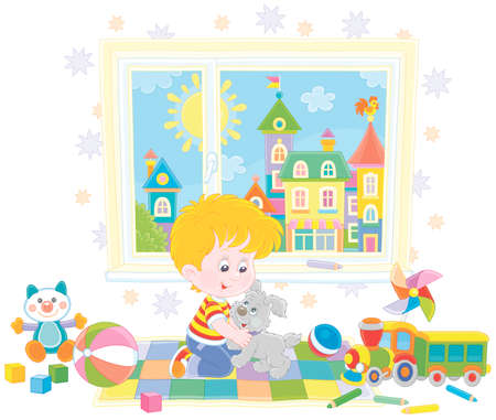 Happy little boy romping and playing with his merry puppy among colorful toys in a nursery room with a pretty small town outside a window, vector cartoon illustration isolated on a white backgroundのイラスト素材