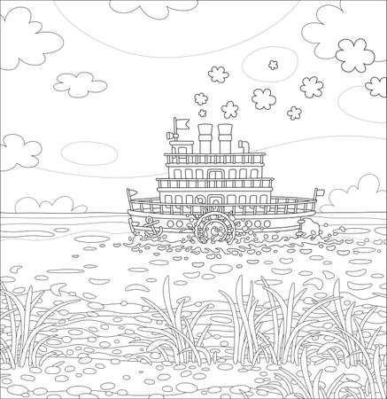 Funny retro paddle passenger steamboat with large wheels attached to its sides floating on a large lake on a summer day, black and white vector cartoon illustration for a coloring bookのイラスト素材
