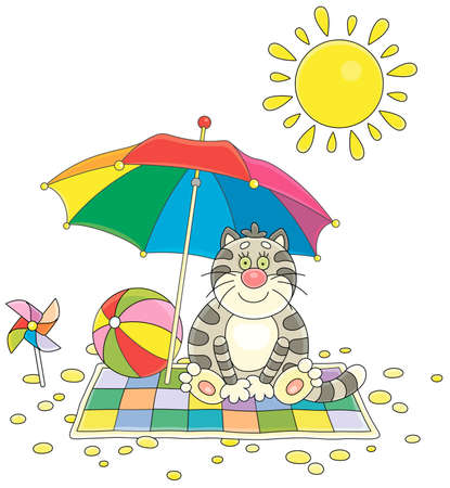 Funny plump cat sitting with a striped ball under a colorful sunshade on a beach of a seaside resort on a sunny summer day, vector cartoon illustration isolated on a white backgroundのイラスト素材