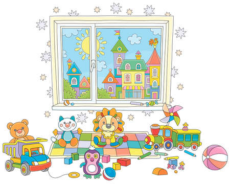 Funny colorful toys scattered after a merry game in a nursery room with a pretty small town outside a window, vector cartoon illustration isolated on a white backgroundのイラスト素材
