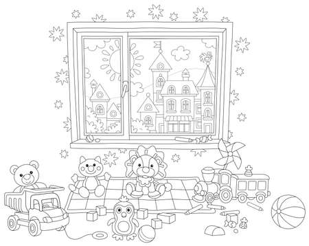 Funny toys scattered after a merry game in a nursery room with a pretty small town outside a window, black and white outline vector illustration for a coloring book pageのイラスト素材