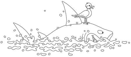 Funny great white shark and a small seagull swimming in open waters of a tropical sea, black and white vector cartoon illustration for a coloring book pageのイラスト素材