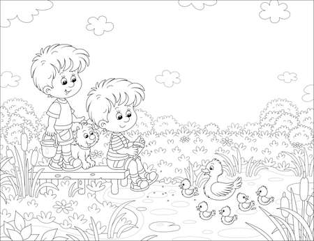 Happy little boys with a merry pup feeding small ducklings and a white duck swimming on a pretty lake in countryside on a warm summer day, black and white outline vector cartoon illustrationのイラスト素材