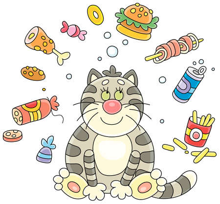 Funny plump cat glutton friendly smiling and dreaming of various tasty things, vector cartoon illustration isolated on a white backgroundのイラスト素材