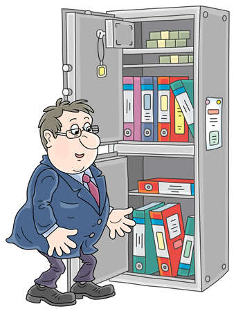 Puzzled office clerk finding papers needed for his work in an opened safe full of folders with documents and banknotes, vector cartoon illustration isolated on a white backgroundのイラスト素材