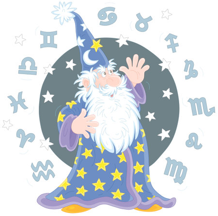 Wizard astrologer reciting magic spells and Zodiac signs of constellations flying around him, vector cartoon illustration isolated on a white backgroundのイラスト素材