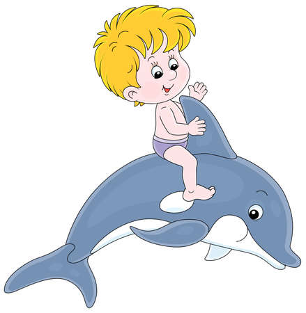 Happy little boy riding a merry playful dolphin in a dolphinarium on summer vacation, vector cartoon illustration isolated on a white backgroundのイラスト素材