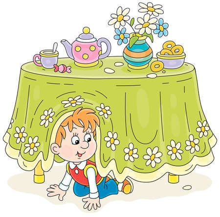 Little boy playing hide and seek under a table with a beautiful tablecloth and a tea set with bagels in a kitchen, vector cartoon illustrations isolated on a white backgroundのイラスト素材