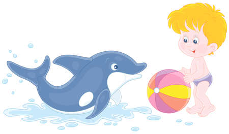 Happy little boy and a merry playful dolphin playing a colorful ball on a summer beach beside a sea, vector cartoon illustration isolated on a white backgroundのイラスト素材