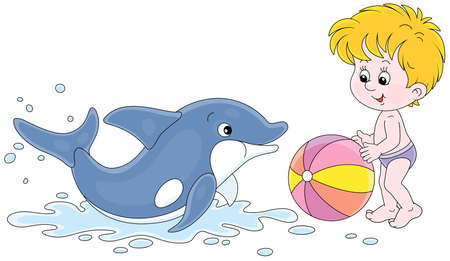 Happy little boy and a merry playful dolphin playing a colorful ball on a summer beach beside a sea, vector cartoon illustration isolated on a white backgroundのイラスト素材