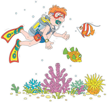 Funny scuba diver with a mask, flippers and an aqualung swimming with exotic fishes on a coral reef of a tropical sea on summer vacation, vector cartoon illustration isolated on a white backgroundのイラスト素材