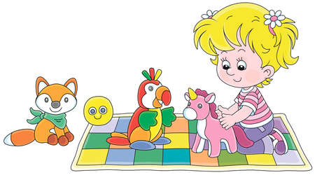 Happy little girl playing with a funny soft toy unicorn, a parrot and a fox on a colorful checkered carpet in a nursery, vector cartoon illustration isolated on a white backgroundのイラスト素材