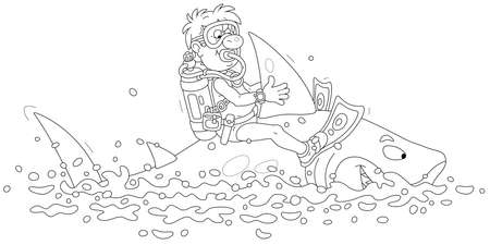 Funny scuba diver with a mask, flippers and an aqualung riding a merry great white shark in a tropical sea on summer vacation, black and white vector cartoon illustration for a coloring bookのイラスト素材