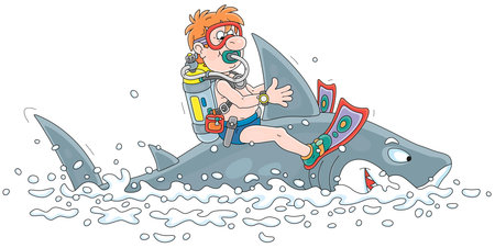 Funny scuba diver with a mask, flippers and an aqualung riding a merry great white shark in a tropical sea on summer vacation, vector cartoon illustration isolated on a white backgroundのイラスト素材