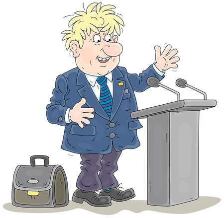 Government official making an important statement at a press conference, vector cartoon illustration isolated on a white backgroundのイラスト素材