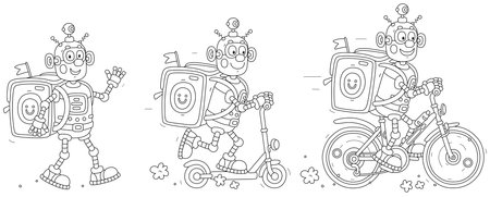 Cartoon set of a funny robot courier with a large backpack delivering ordered goods to waiting customers and riding a bike, rushing on a scooter and walking on footのイラスト素材